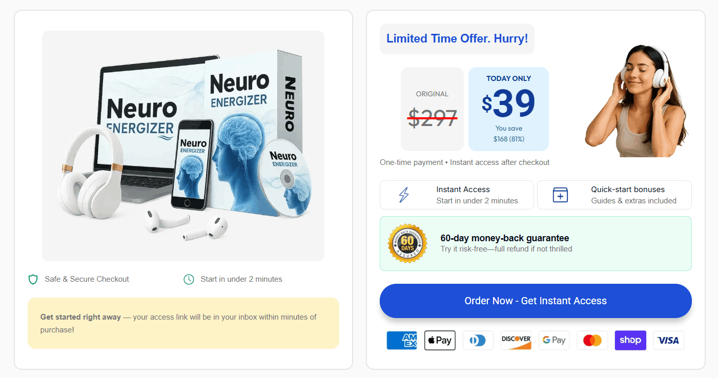 Neuro Energizer official offer page showing $39 price discount, product bundle, and instant access checkout